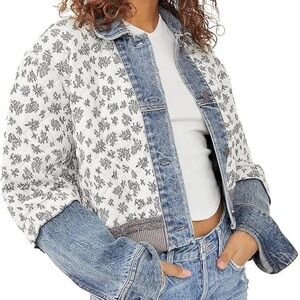 FREE PEOPLE Ditsy Quilted Denim Jacket Crop Floral Button Up Distressed M/L Boho
